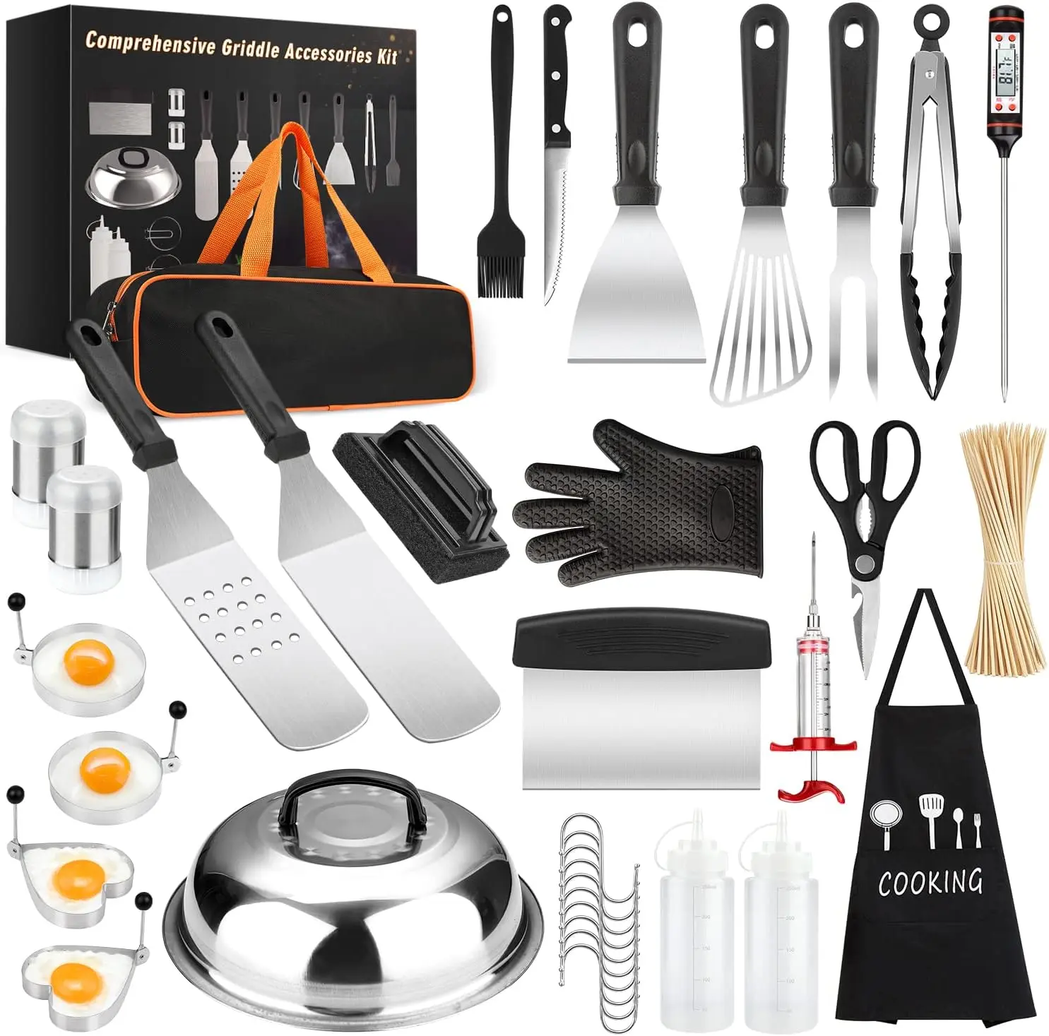 135 Pcs Griddle Grill Tools Set for Blackstone and Camp Chef, Professional Grill BBQ Spatula Set with Basting Cover, Spatula, Scraper, Bottle, Tongs, Egg Ring   Utensils Metal  Stainless Steel Meat Fork Heart Shape Oil Round Silicone Spice Turner
