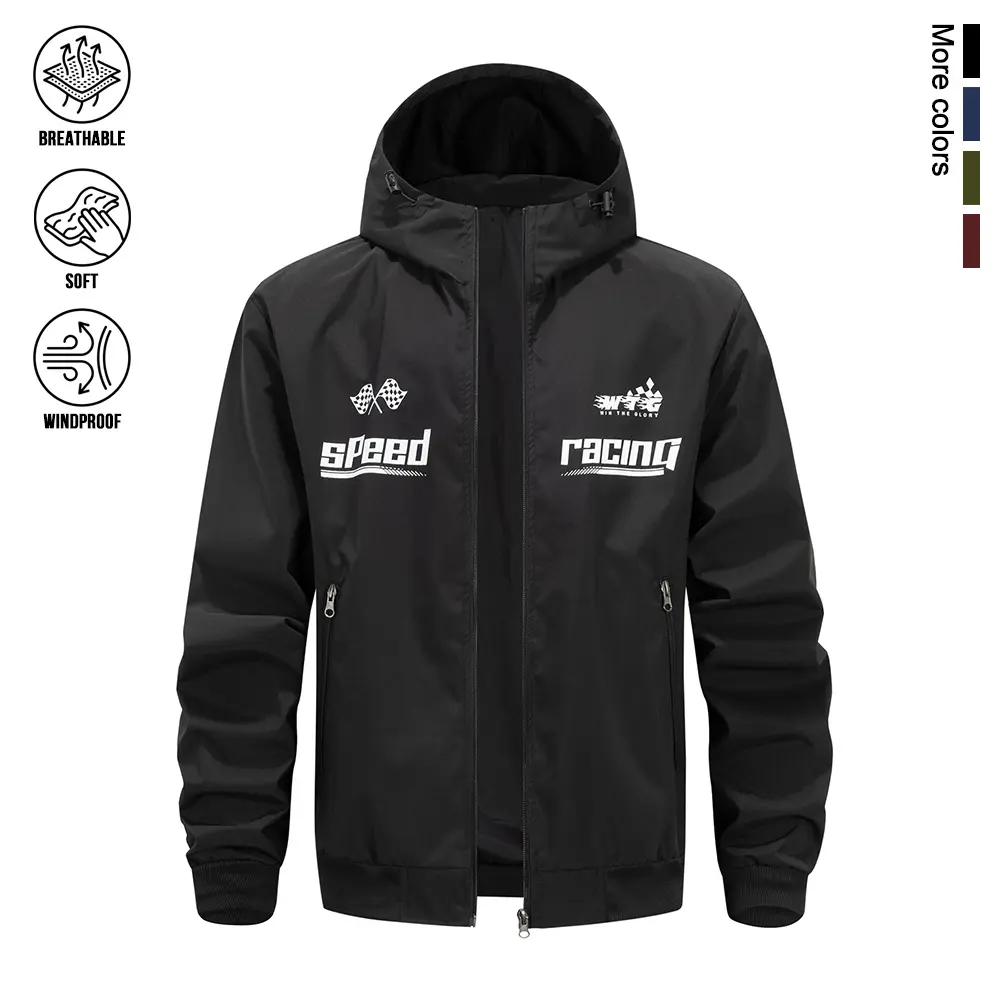 Minimalist Men’s Adjustable Hood Windproof Zip Jacket, discreet racing flag and letter logo detail on front, excellent windproof and breathable performance, ribbed elastic cuffs suitable for camping, driving and all year daily windproof wear