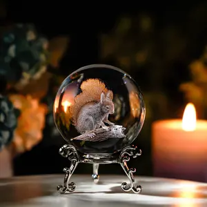 H&D 60mm 3D Crystal Ball Laser Engraved Glass Squirrel Figurine Collectibles Paperweight Home Art Decor Glass Sphere with Stand