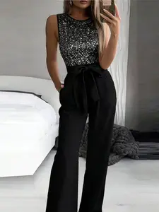 Elegant Sequined Sleeveless Jumpsuit for Women, Casual Loose-Fitting Party, Spring Fashion, Formal Occasions, Womenswear