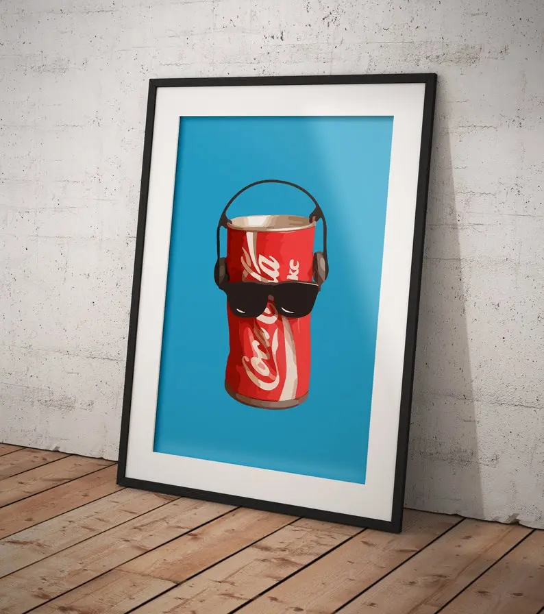 Retro Coca Cola Can Dancing to Music Print - 5 High-Res Sizes Included, Coca Cola vintage, 1980s Coke Sunglasses collectable, Wall Art - No Frame