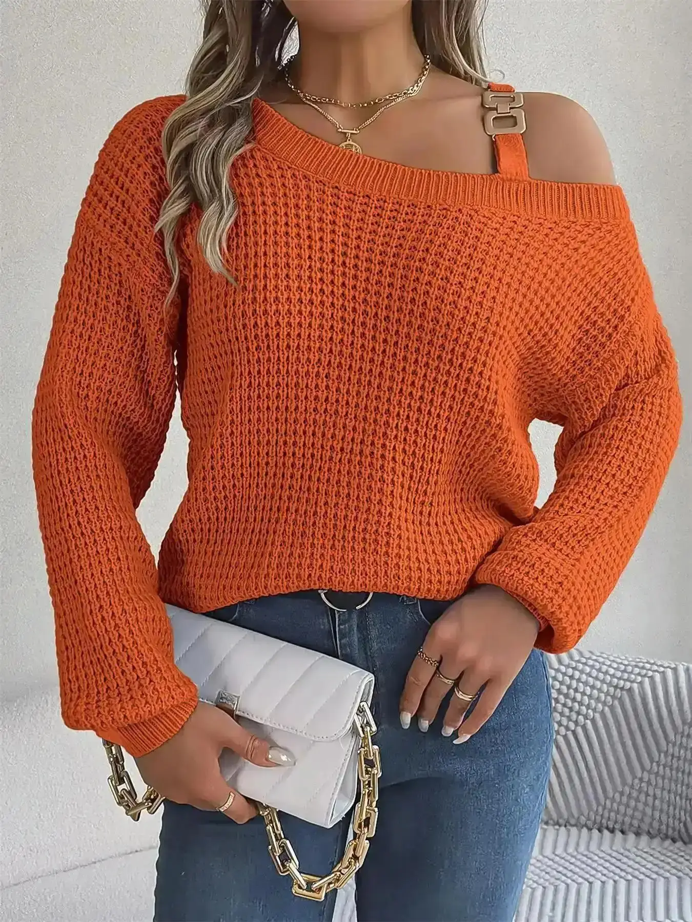 2026 Women's Plain Asymmetrical Neck Metallic Buckle Knit Sweater, Casual Drop Shoulder Long Sleeve Fitted Jumper for Fall & Winter, Knitwear Daily Wear, Knitted Tops, Viral Fashion, Chic, Everyday, Office Ready