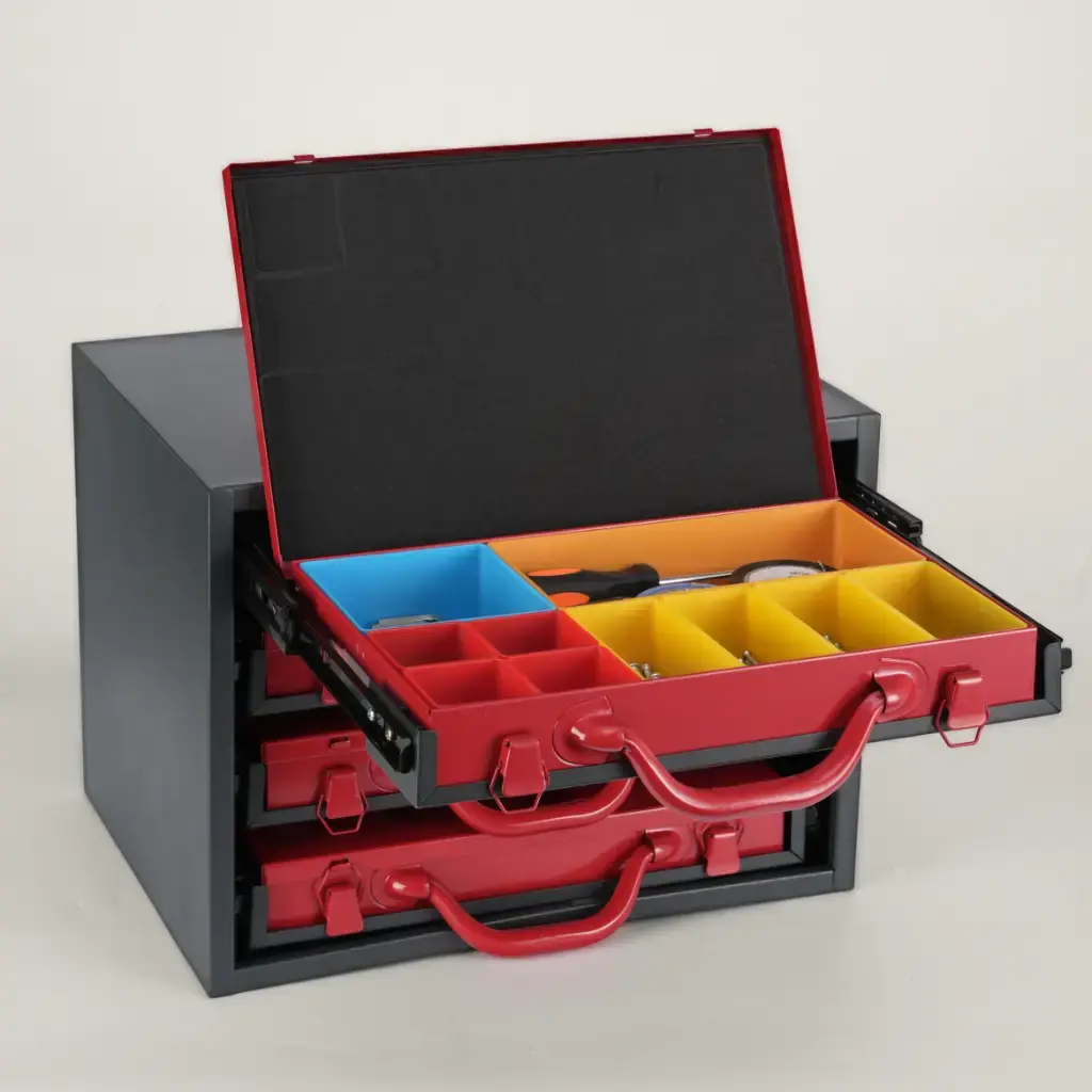 Steel 4-Drawer Small Parts Cabinet, Black/Red