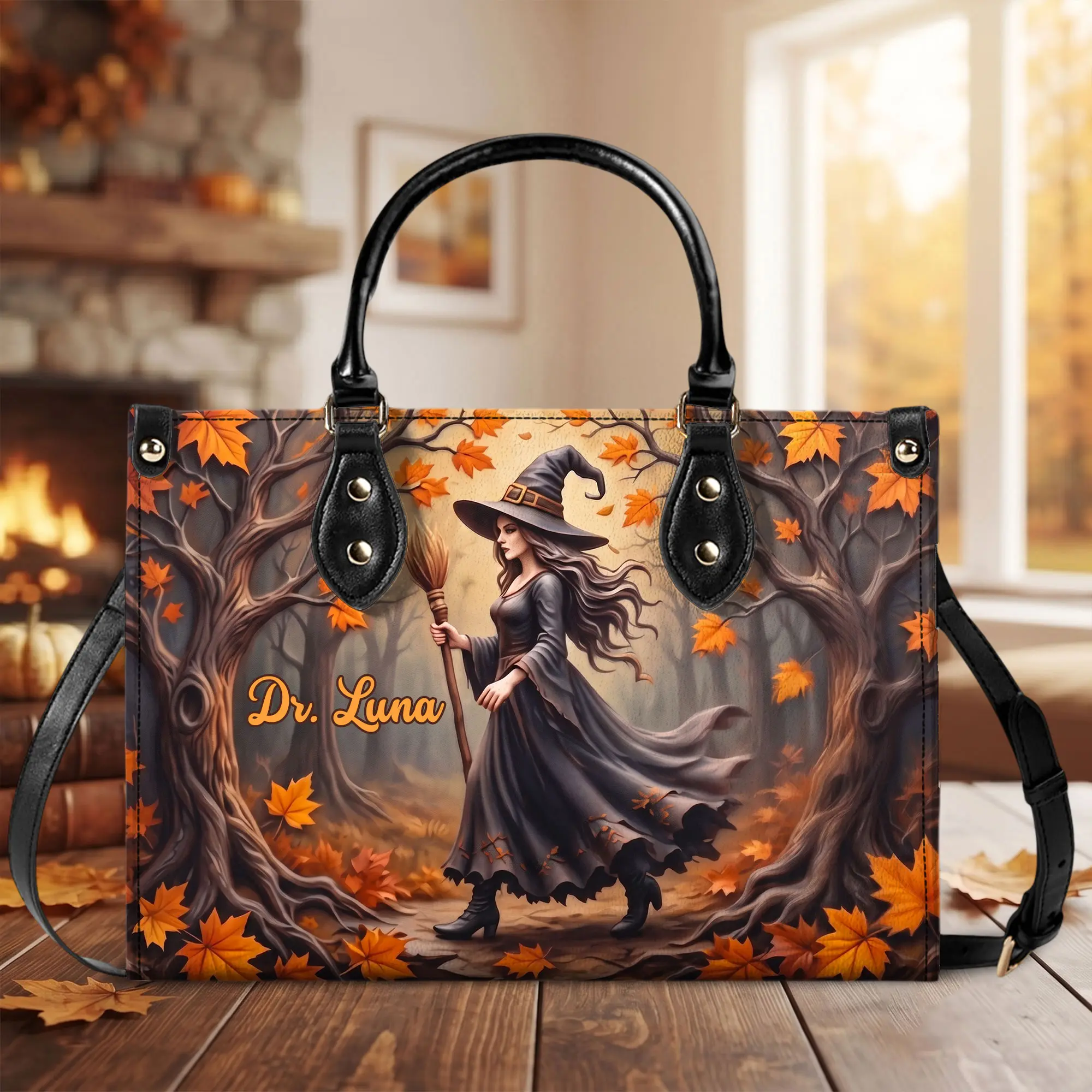 Personalized Witch Leather Handbag for Women, Custom Name PU Leather Tote Bag, Autumn Witch Shoulder Purse, Halloween Witchy Fashion Bag, Fall Forest Handbag, Gothic Everyday Tote, Halloween Gift for Her, Witch Lover Gift