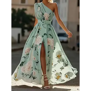 Women's Elegant Sleeveless Light Green Polyester 1-Shoulder A-Line Long Dress - Asymmetric High Slit, Natural Waist, Non-Stretch Fabric, All-Season Formal Wear, Casual Evening Gown for Weddings, Galas