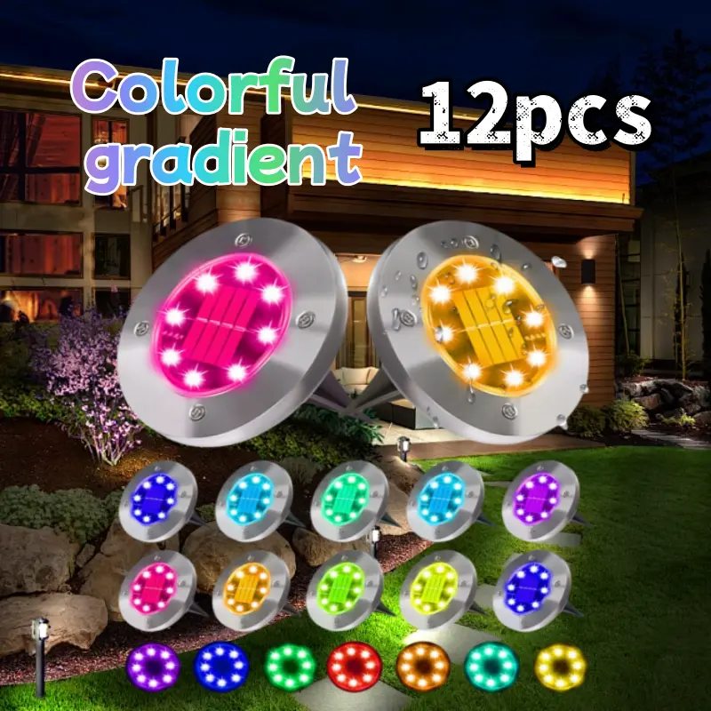 12pcs Solar Garden Lights - 8-LED Night-Sensing 7-Color Gradient Stainless Steel Waterproof Fixtures with 600 mAh NiMH Rechargeable Battery, 8-10 Hours Runtime for Courtyards, Lawns, Corridors