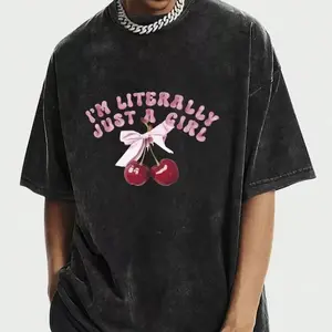 Vintage Washed Cherry Bow Tee, Y2K Sweet Cool Style,summervibes