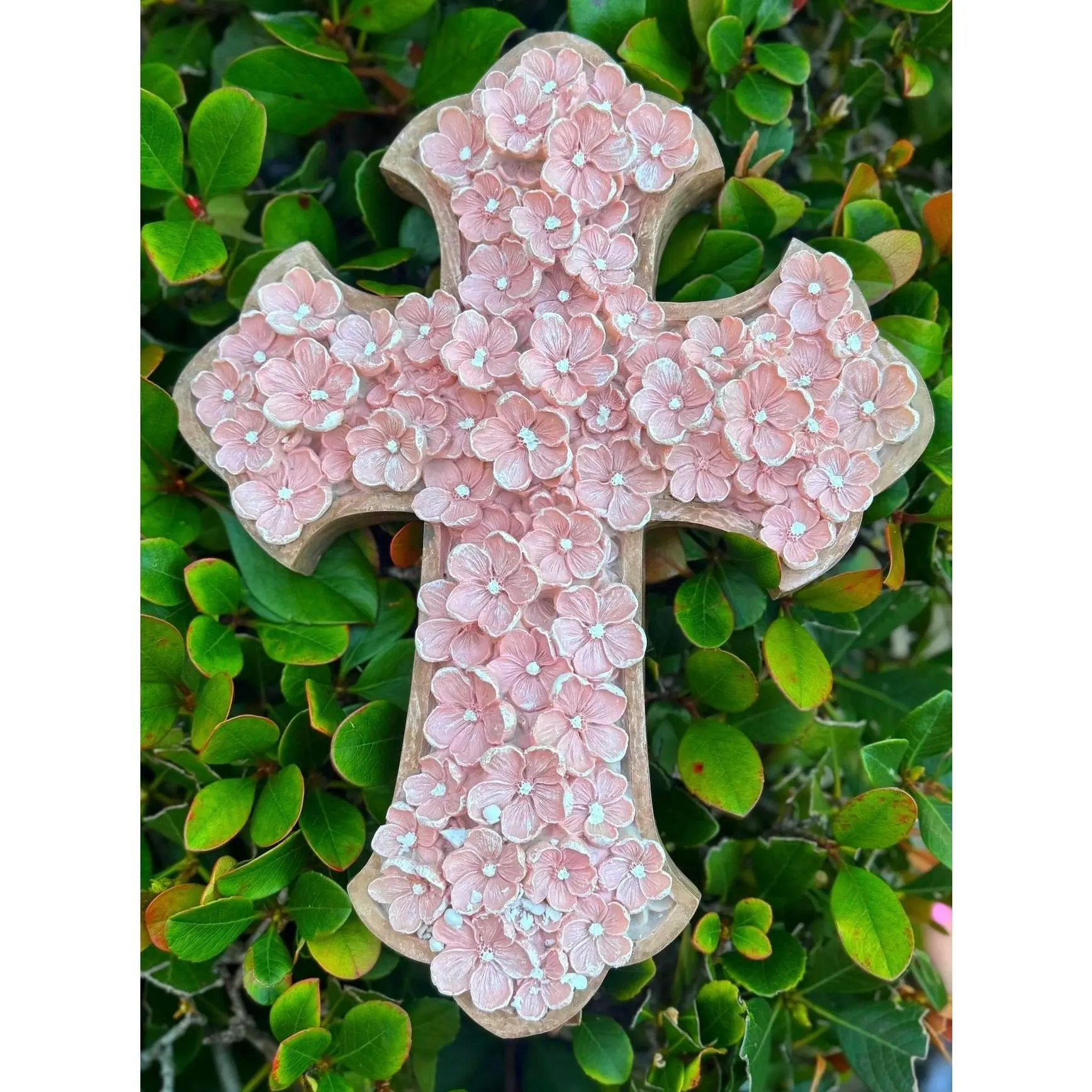 Resin Pink Floral Wall Cross - Christian Wall Mount Decor, 1.5 in Depth, Flower Bud Accent, Mother/Grandmother Family Gift for Baptism, Valentine's Day Home Supply