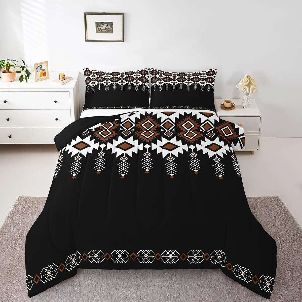 Black Southwestern Aztec Bedding Set Geometric Vintage Comforter Set Bohemian Boho Rustic Western Tribal Duvet Quilt Women Room Decor Soft