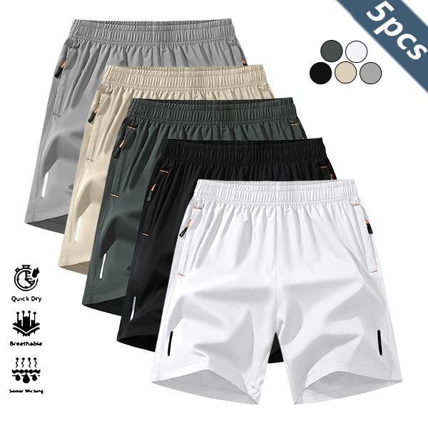Men's Solid Color Zipper Pocket Shorts - Summer Casual Comfortable Breathable Three-Quarter Pants, Everyday Wear Men's Bottoms, Pack of 5