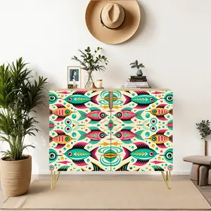 Atomic Fish, Mid Century Modern Kitschy Teal Pink, Yellow MCM Wooden Storage Cabinet