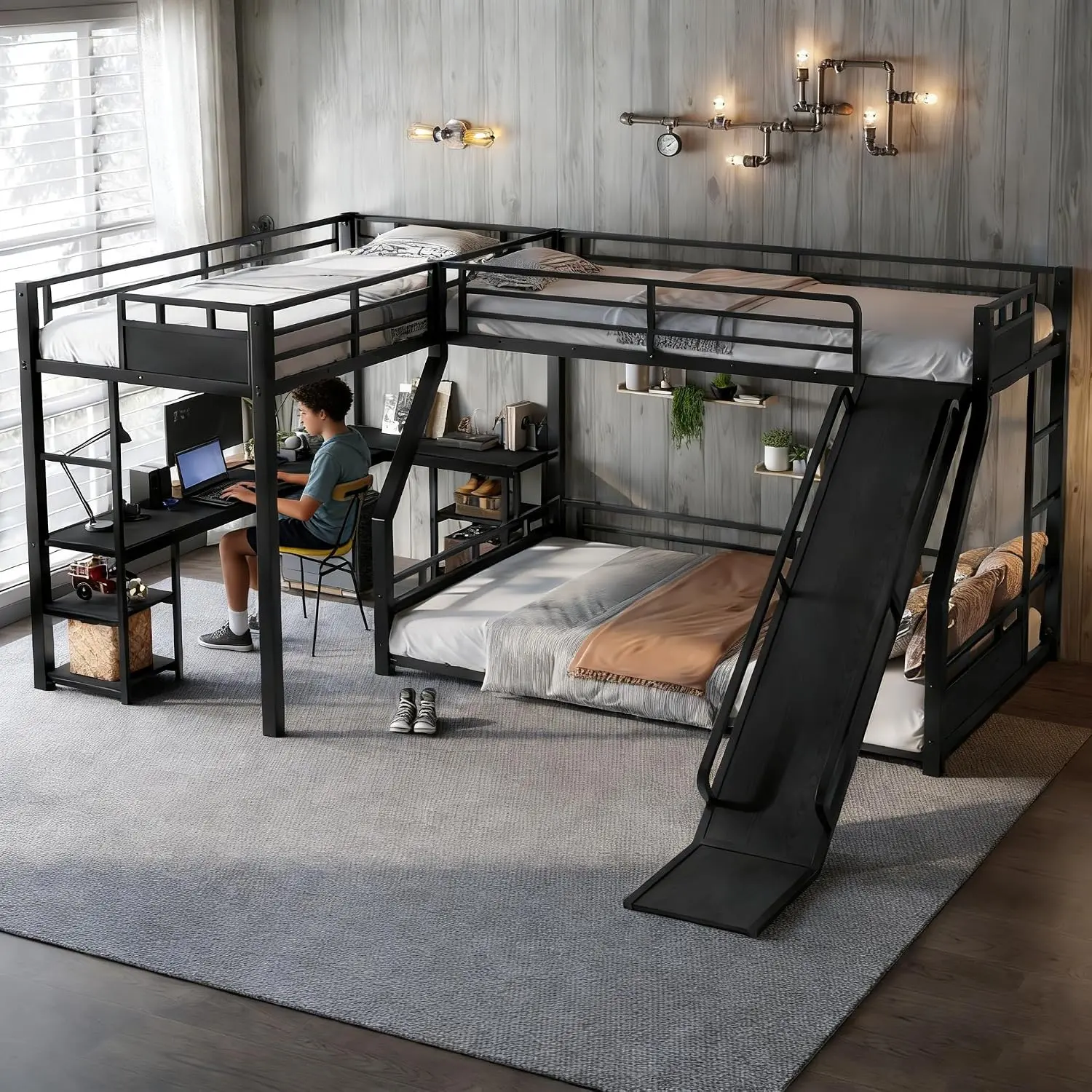 Twin XL Over Queen L-Shaped Metal Triple Bunk Bed with Slide, Built-in L-Shaped Desk, Storage Shelves & USB Charging Port, Safety Guardrail, Heavy Duty Metal Frame for Bedroom，Black