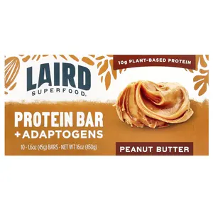 Laird Superfood Protein Bar + Adaptogens, Peanut Butter, 10 Bars, 1.6 oz (45 g) Each