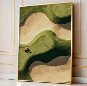 Golf Sand Trap Art Print, Minimalist Abstract Course Wall Poster, Tiny Golfer and Cart Vintage Decor. No Frame