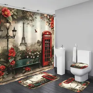 Eiffel Tower pattern design in Paris, 4-piece shower curtain set, modern floral bathroom decoration, with carpet (bath mat, U-shaped, toilet lid) and 12 durable hooks, non slip floor mat, waterproof forest shower curtain, polyester fiber