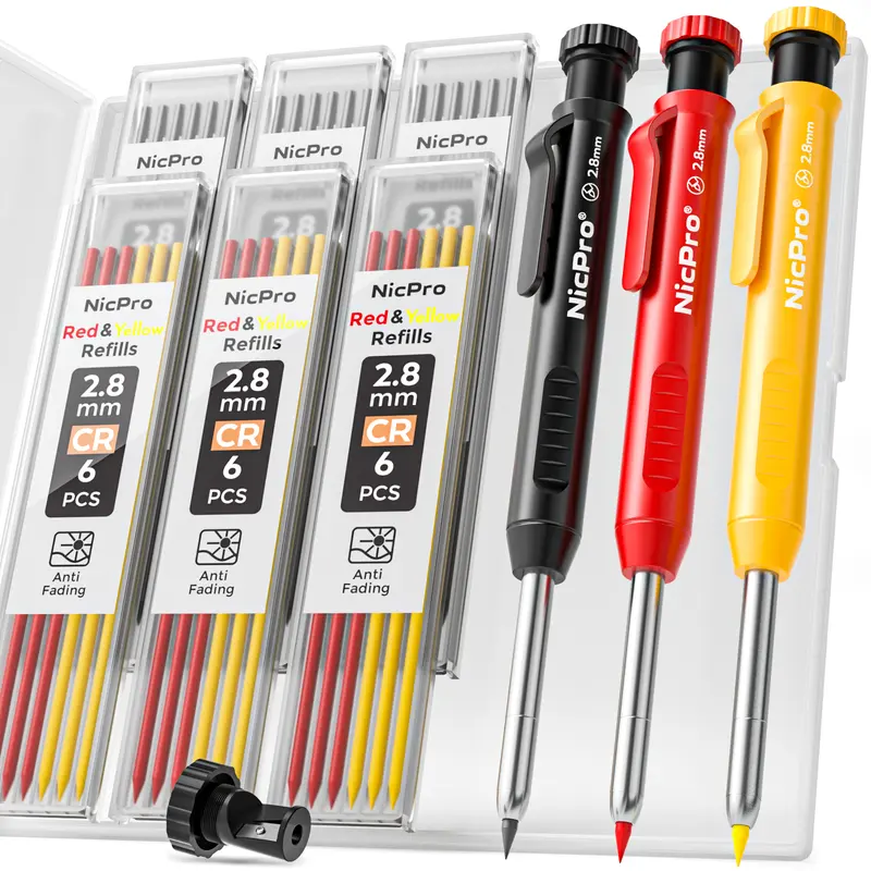 Nicpro Mechanical Pencil Set - Heavy-Duty Construction Writing Stationery with Sharpener, Refills, Case - Reliable for Architects (Red, Black, Yellow)