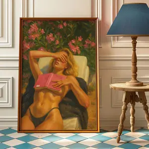 [Sale up to 50%] [Free Ship] Sensual Woman Sunbathing Wall Art Print, Retro Summer Poster with Book & Flowers, Female Figure Bedroom Decor, Vintage Bikini Artwork Gift