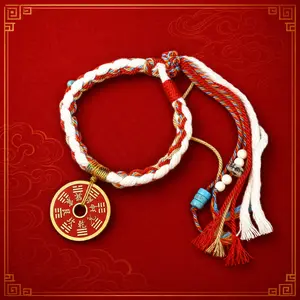 Mountain Spirit Coin Amulet & Handcrafted Beaded Bracelet - Adjustable Braided Cord with Chinese Bead Charms, Feng Shui Do-It-Yourself Focal Charms, Jewelry Making Supply, Do-It-Yourself Charms