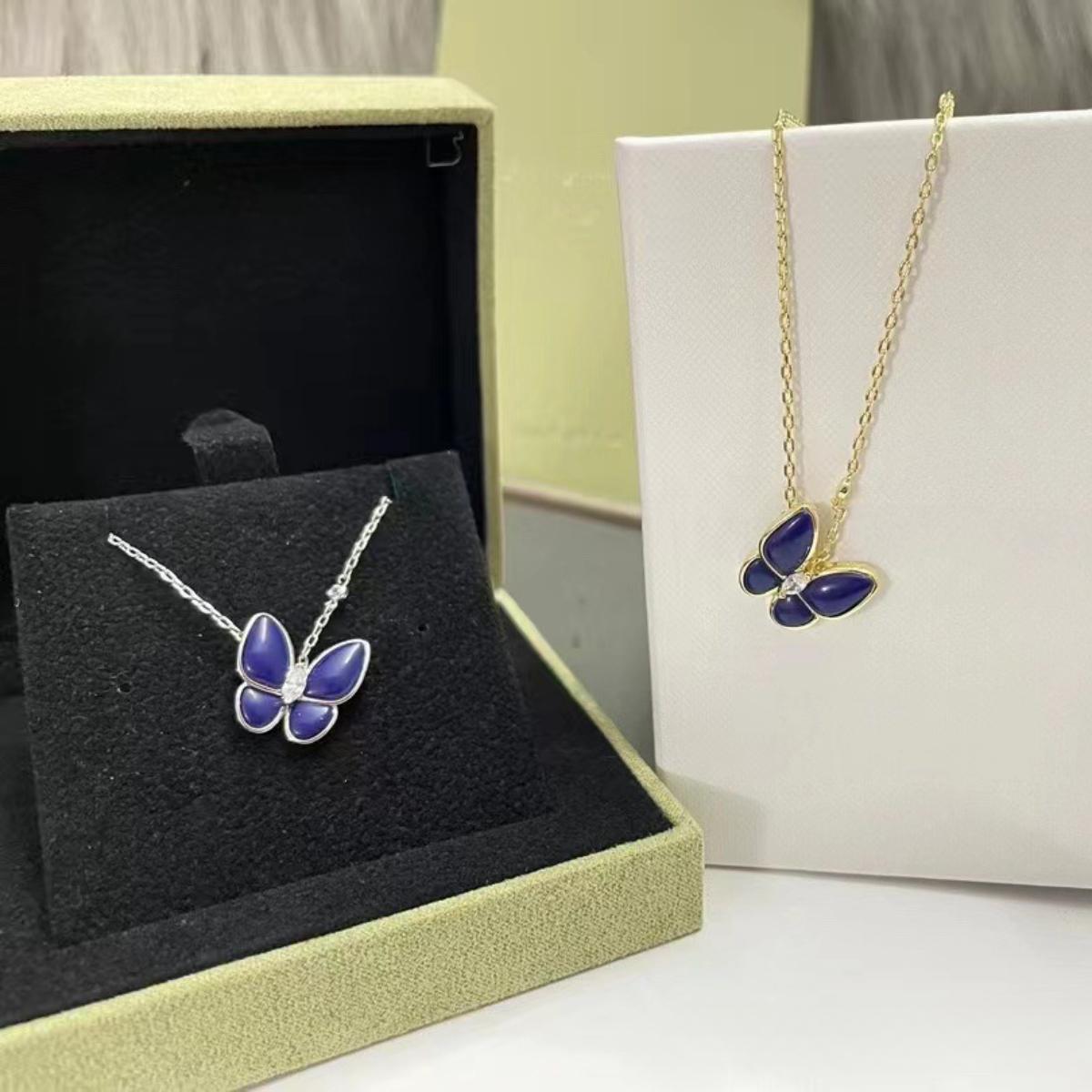 Elegant Blue Enamel Butterfly Pendant Necklace, Minimalist Collarbone Chain for Daily & Office Wear