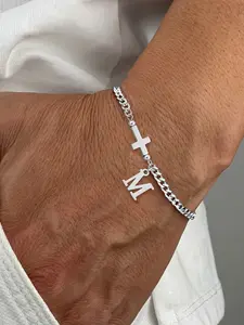 Men's Silver Color Initial Cross Bracelet, Vintage Stainless Steel Chain, Casual Style, All Seasons Wear, Letter Link Bracelet
