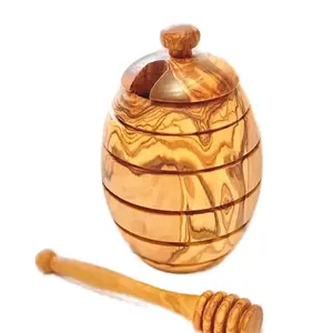 Premium Handcrafted Olive Wood Honey Jar with Dipper