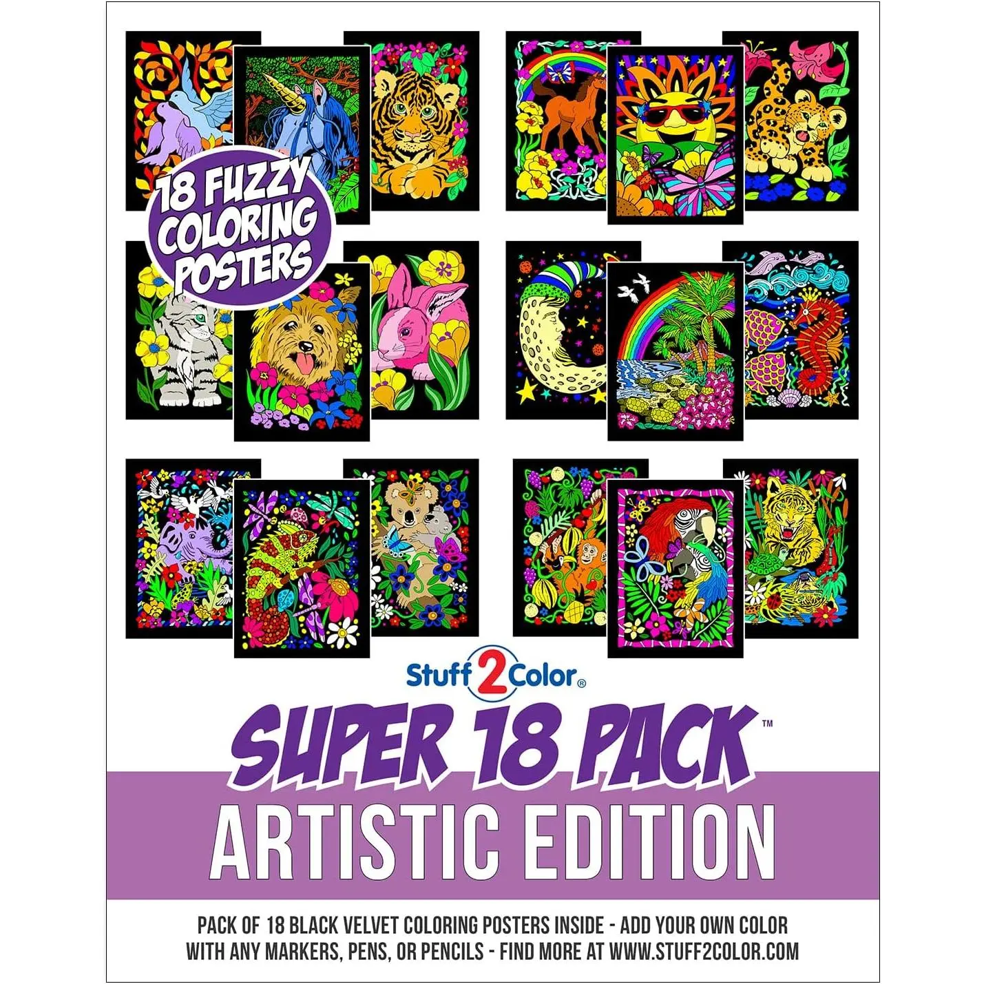 18-Pack Velvet Coloring Posters with Fuzzy Artistic Prints, Unisex Arts and Crafts Set for Kids, Classrooms & Family Time