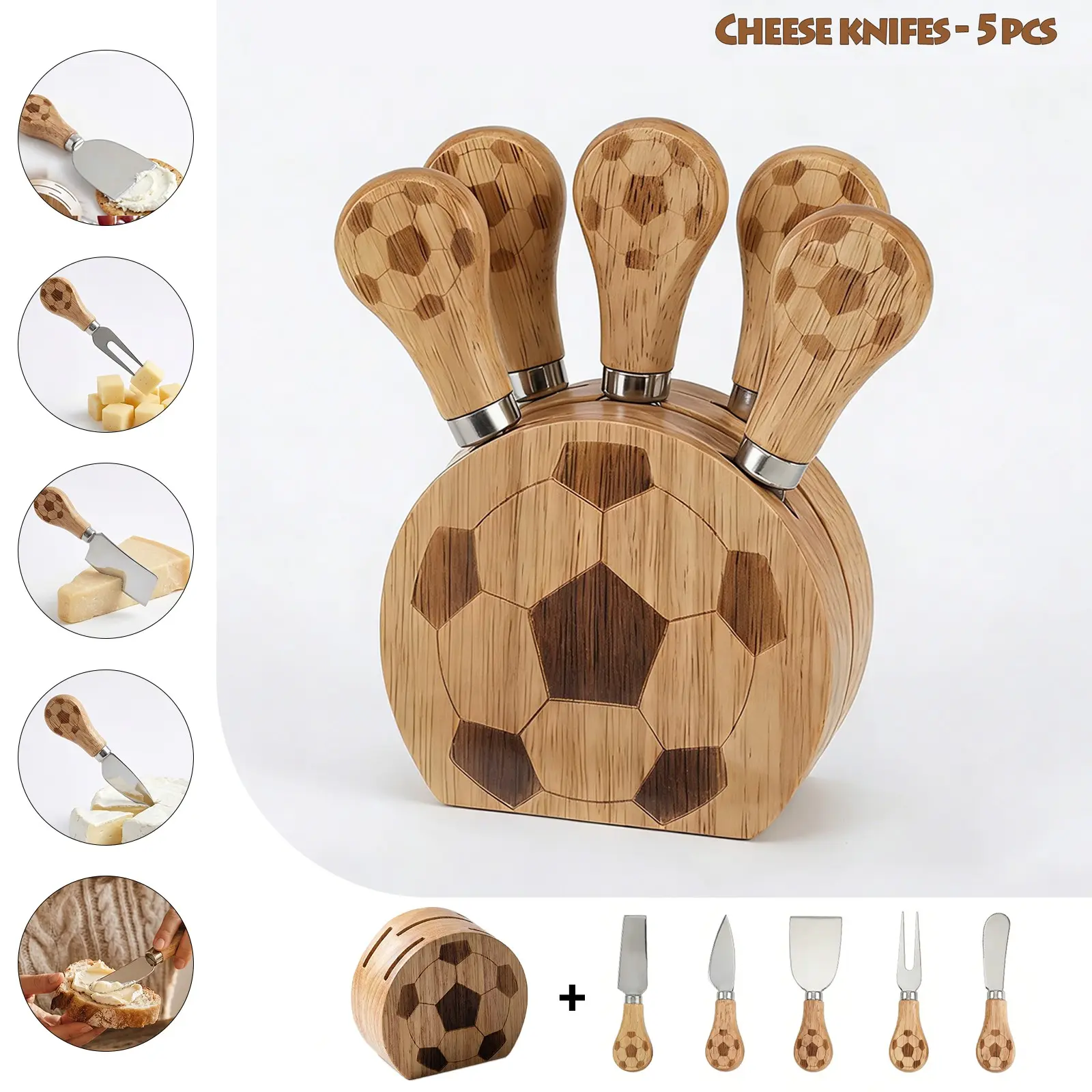 Creative Football Event Set, Cute Football Cheese Cutter Tool, Rubber Wood Base Cheese Knife Fork 6 Piece Western Dining Utensils