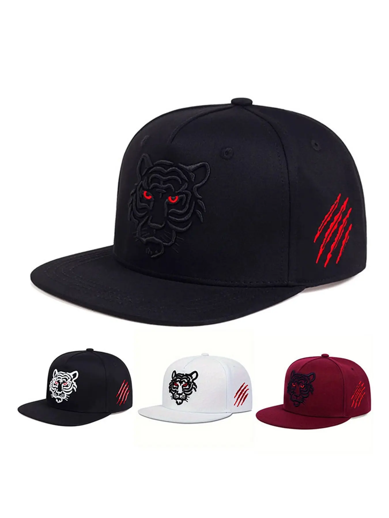 1 men's baseball cap, flat brim, tiger embroidery, adjustable size, sun protection, spring and autumn casual style, suitable for travel, beach trips, gatherings, Fitted Snapback, Embroidered Hat, Embroidered Baseball Caps, Fitted Hats