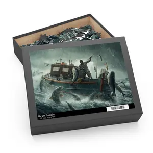 Stormy Sea Fishing Boat Puzzle | Fisherman & Leaping Fish 500pc