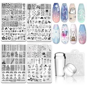 Nail Stamping Plate Nail Stamper Kit with Stamper & Scraper, Large Nail Art Stamping Plate French Line Lace Flower Leaves Animal Star Space Design DIY Nail Stamping Kit