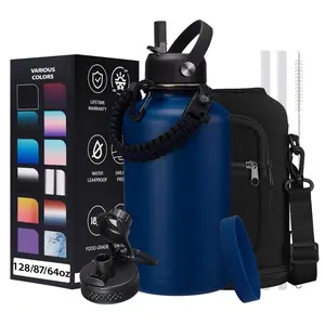 32oz 40oz 64OZ 128oz Insulated Water-Bottles with Straw - Spout Lid, Stainless Steel Metal Water Jug Keep Cold 48h/Hot 24h, Half Gallon Water Bottle w/ Paracord Handle & Carry Sleeve Strap for Hiking Camping Sport