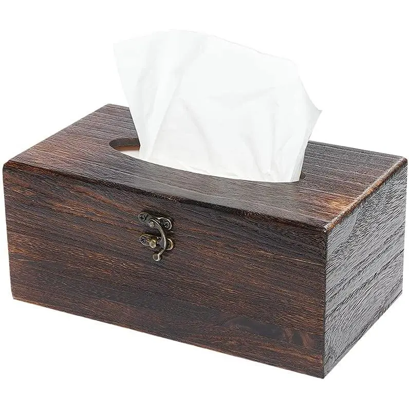 Rectangular Tissue Box Cover Decorative Wood Facial Tissue Holder with Hinged Lid Napkin Dispenser in Antique Style Wooden