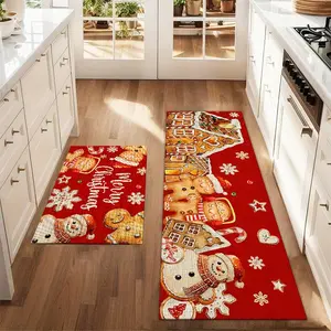 2Pcs Christmas Gingerbread Man Snowman Red Background Floor Mat Set Farmhouse Kitchen Rug Dining Room Flooring Laundry Room Decor Carpet Mat Home Decor Rugs