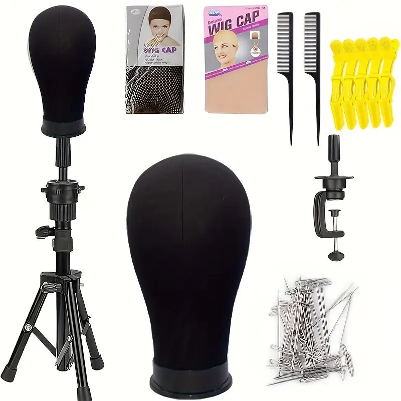 22" Canvas Cork Mannequin Head  Wig Tripod set  with Table C Clamp Stand Holder, High-Density Wig Tripod Set for Wig Making Drying Styling Display, Ideal for Human Hair Extensions, Synthetic Hair Extension and Weft Hair Extensions