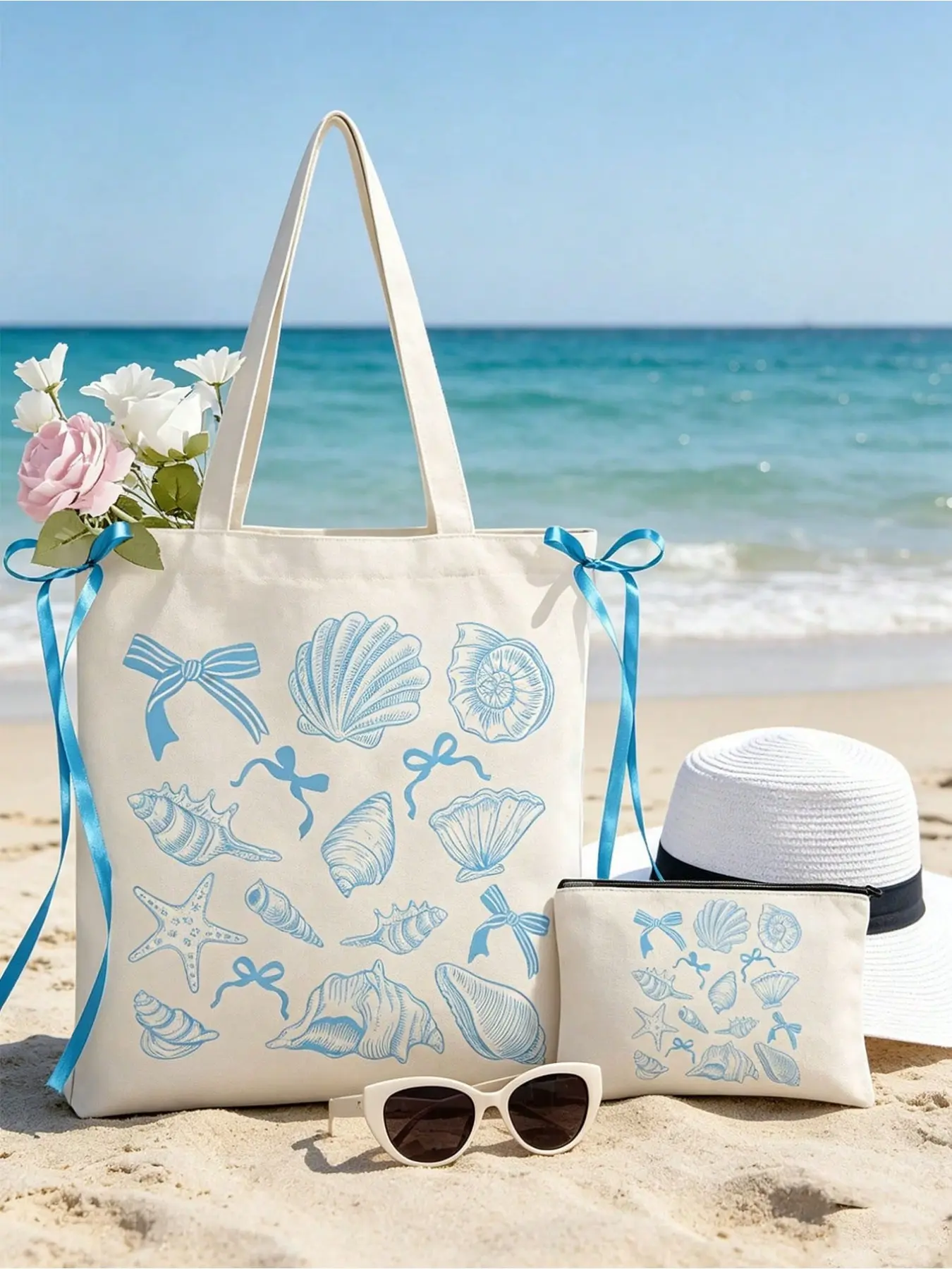 Coastal Seashell Canvas Tote Bag & Pouch Set, Light Blue Ocean Print Tote With Matching Cosmetic Pouch, Beach-Themed Handbag With Ribbon Bows, Ideal For Women, Beach Lovers, And Fall Winter Vacationers