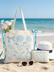 Coastal Seashell Canvas Tote Bag & Pouch Set, Light Blue Ocean Print Tote With Matching Cosmetic Pouch, Beach-Themed Handbag With Ribbon Bows, Ideal For Women, Beach Lovers, And Summer Vacationers