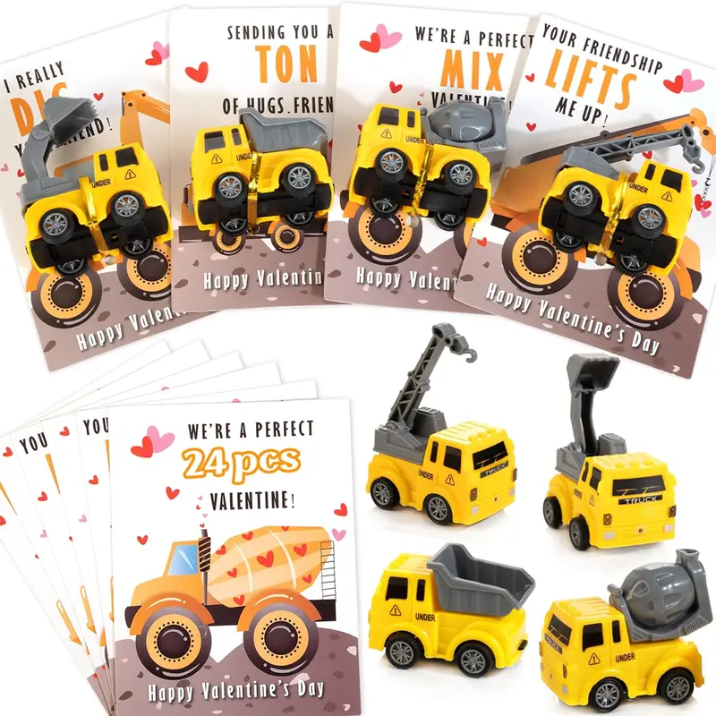 Valentine’s Day Cards for Kids Classroom 24 Construction Vehicle Valentine Exchange Cards with Mini Toys Bulk Valentines Gifts for Boys Toddlers School Party Favors