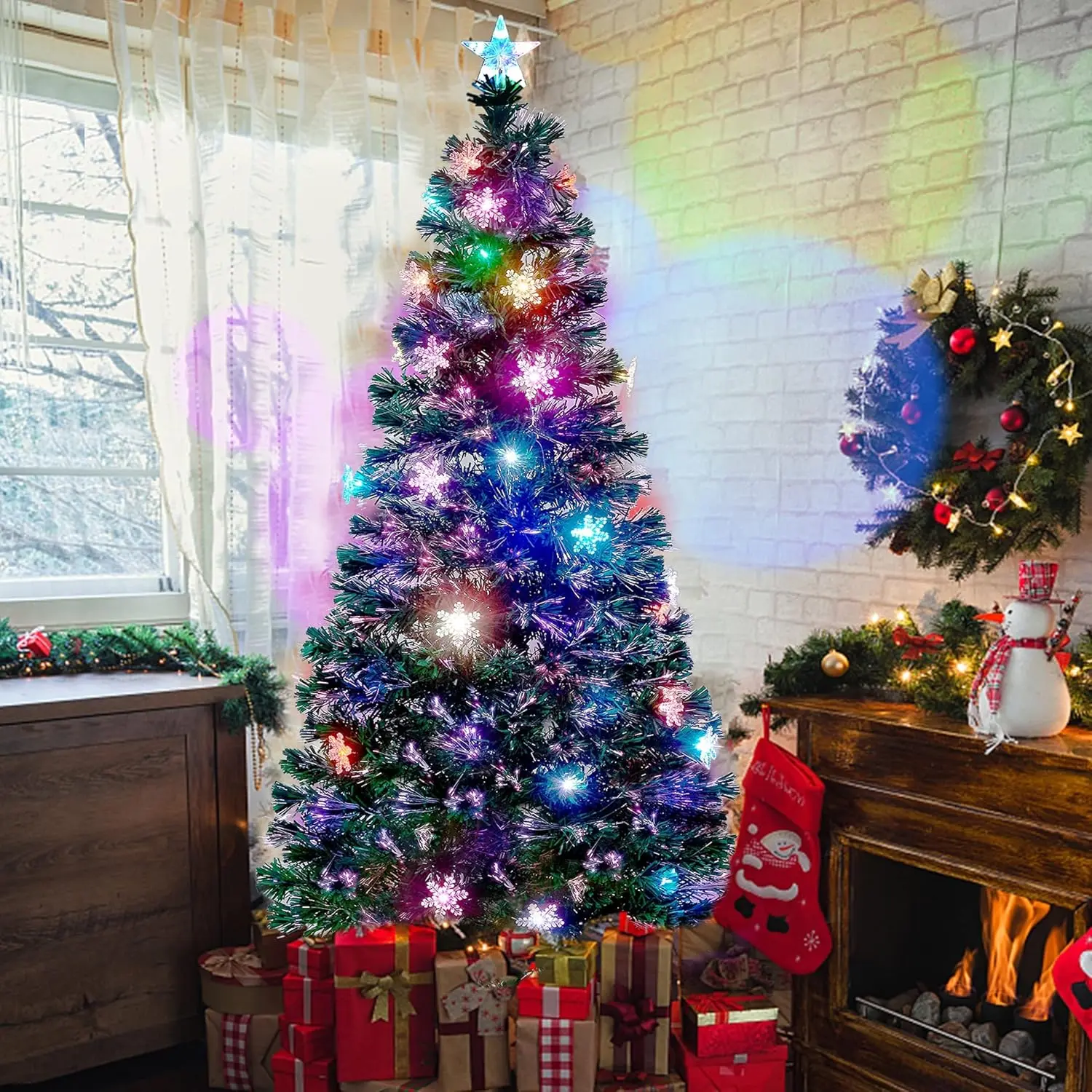 6 ft Pre-Lit Optical Fiber Christmas Artificial Tree, RGB Color Changing LED Lights, Snowflakes & Top ,  Xmas Tree with Metal