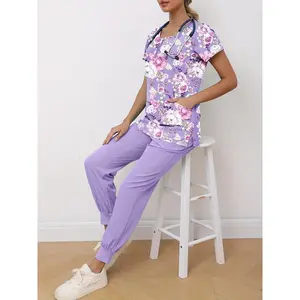 Floral Print Two-piece Scrub Set, Functional V Neck Medical Scrub Top & Scrub Pants Outfits, Women's Clothing scrubs women