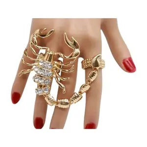 Women Slave Ring Fashion Jewelry Metal Long Scorpion Elastic Band 2 Fingers Gold + Silver Rhinestone Ring