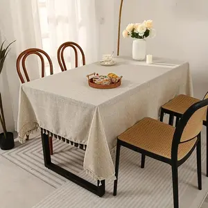 Solid Color Household Tassel Decor Tablecloth, 1 Piece Modern Simple Rectangle Table Cloth, Decorative Washable Table Cover for Dining Room Kitchen Party Holiday Gathering, Table Decoration Supplies