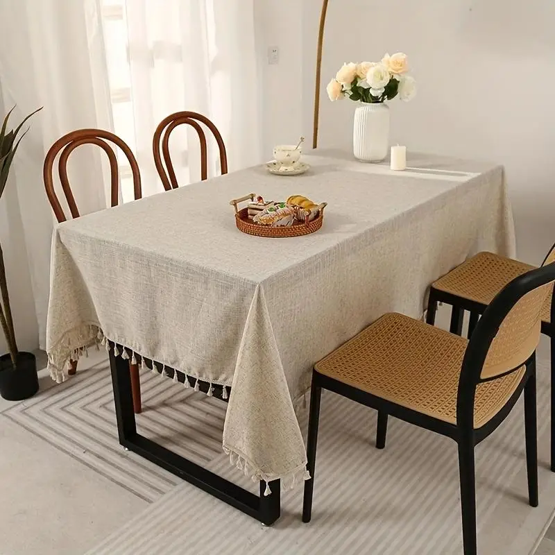 Solid Color Household Tassel Home Decor Tablecloth, 1 Count Modern Simple Rectangle Table Cloth, Decorative Table Cover for Dining Room Kitchen Party