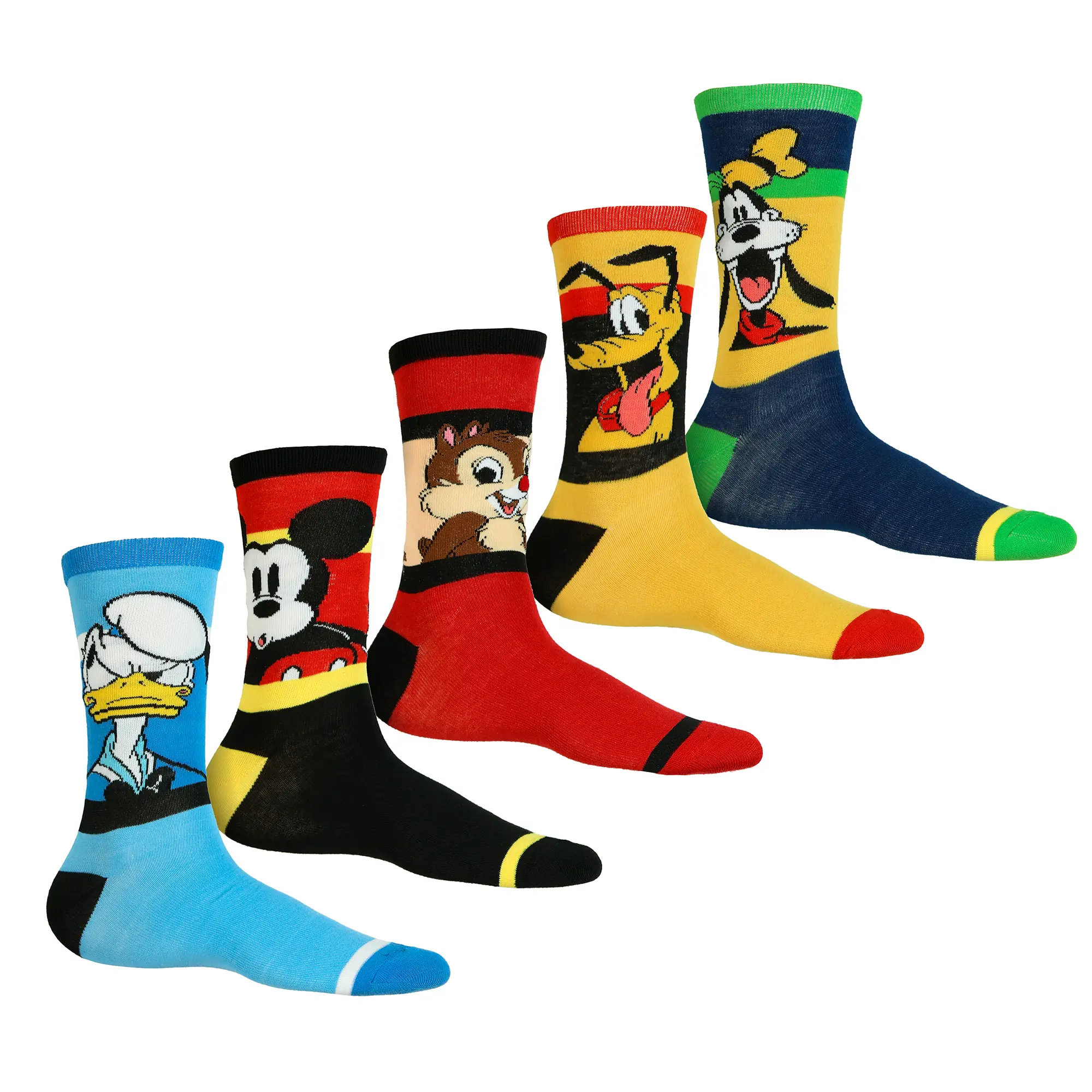 Men's 5-Pair Crew Socks, Colorful Mickey & Friends Character Design, Soft Polyester Blend Fabric, Casual Menswear, Multicolored