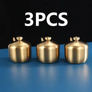 3pcs Stainless Steel Spice Jars with Spoon Lid, Kitchen Condiment Containers, Salt & Pepper Shakers, Home & Outdoor Use