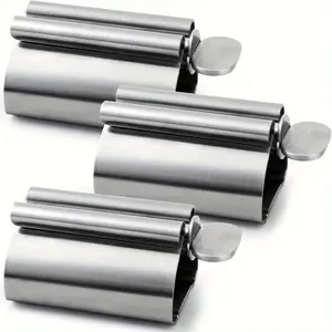 PrimPick 3-piece stainless steel toothpaste extruder - Ergonomic designed sanitary anti-rust dispenser and stand, suitable for bathroom, cosmetics, gel - stain-free extrusion & stable grip (durable and reusable), kitchen storage product