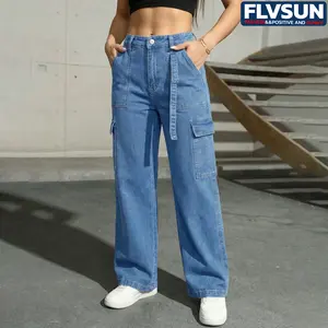 FLVSUN Women's Cargo Pants LOW Waisted Baggy Cargo Jeans Straight Leg Y2K Streetwear Trousers 6 Pockets for Women Teen Girl Womenswear Bottom Womenswear Bottom Denim Maternity Basic Minimalist, Lightweight, All Seasons