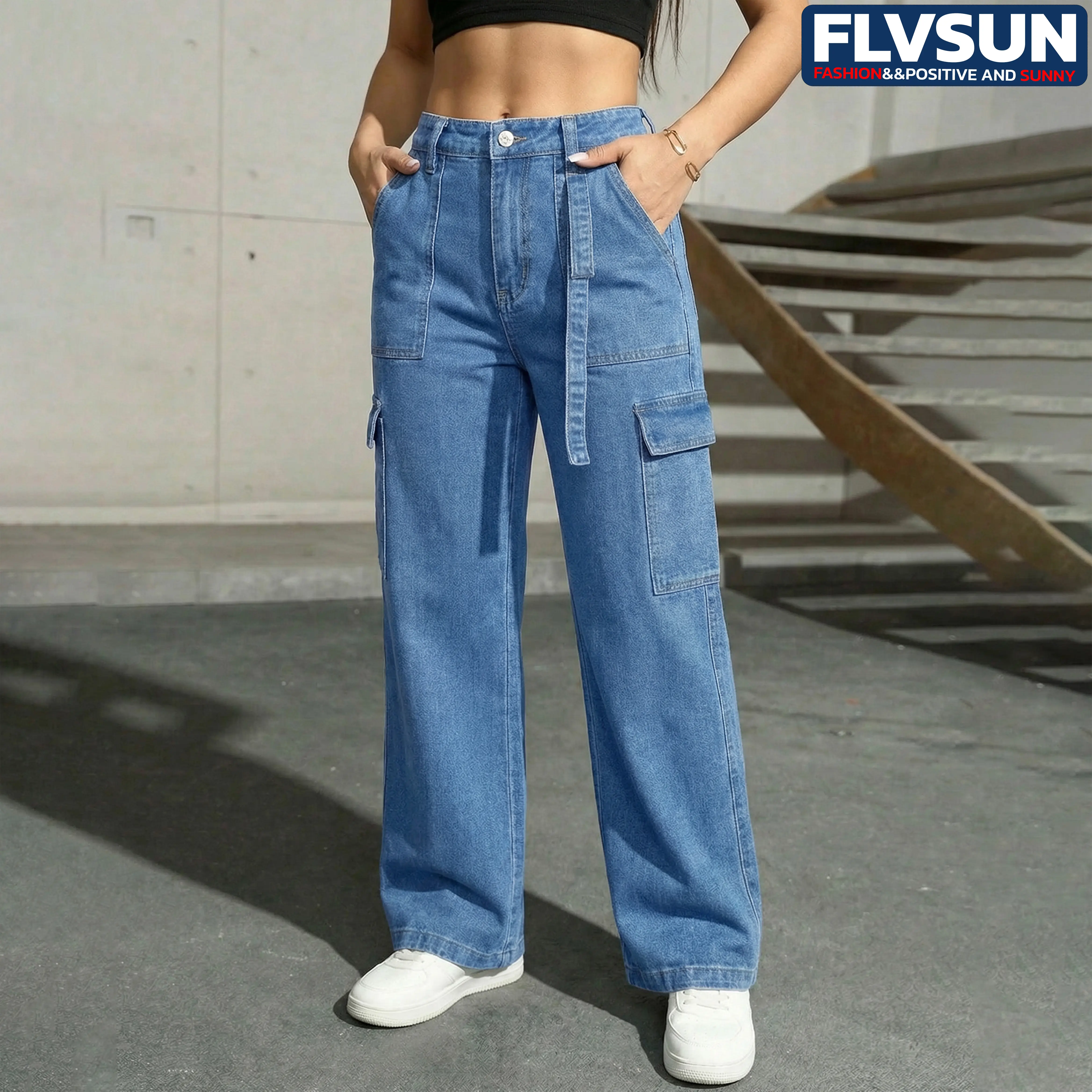 FLVSUN Women's Cargo Pants LOW Waisted Baggy Cargo Jeans Straight Leg Y2K Streetwear Trousers 6 Pockets for Women Teen Girl Womenswear Bottom Womenswear Bottom Denim Maternity Basic Minimalist, Lightweight, All Seasons