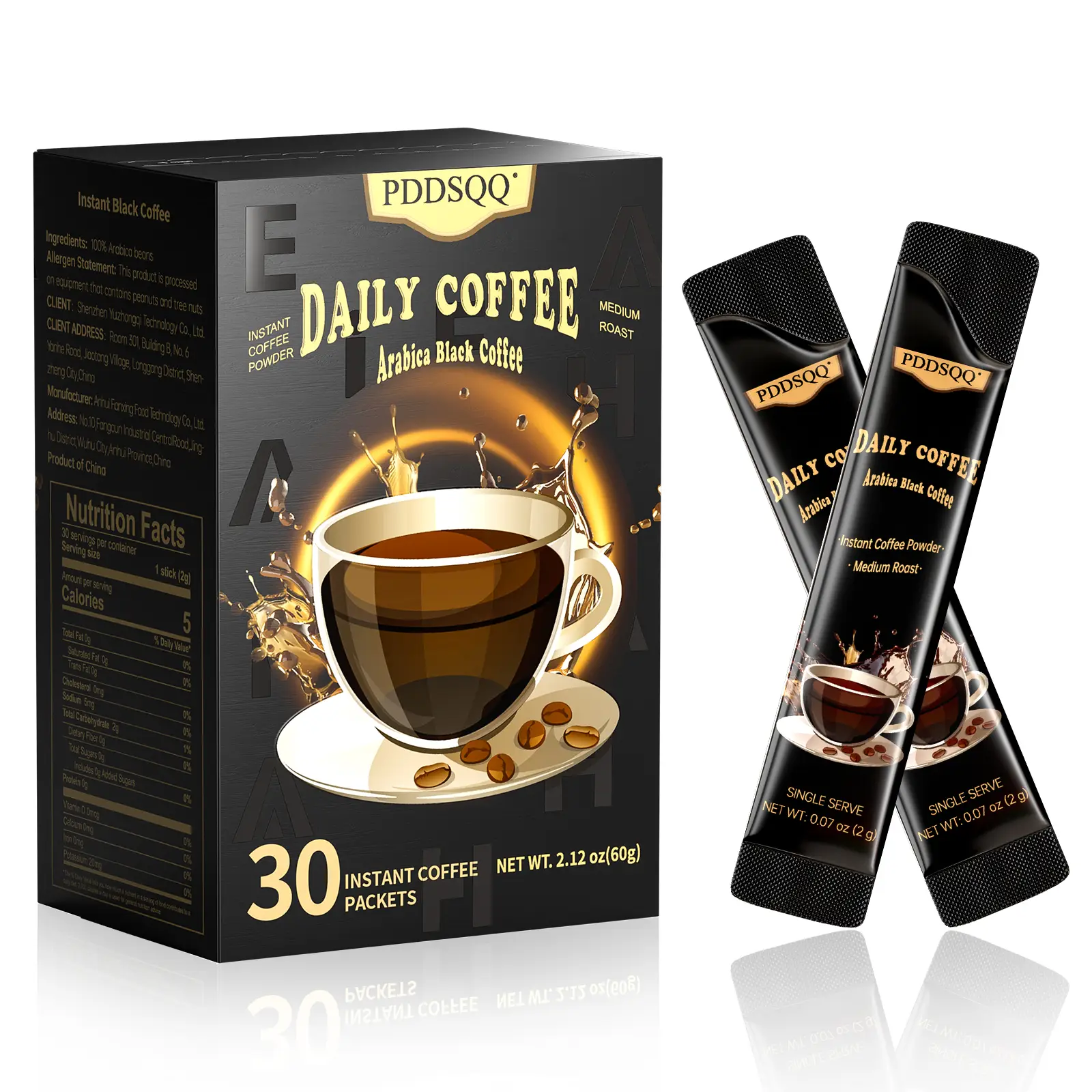 PDDSQQ Healthy Black Coffee - 100% Arabica, Antioxidant Boost, Refreshing Hot or Iced,Beverage,No Artificial Sweeteners, 60g/1 Box (2g x 30 Sticks)