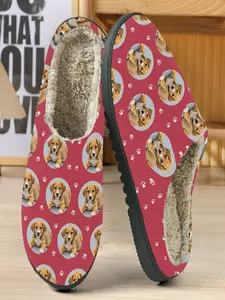 Cute Dog Printed Cotton Slippers, Bottom Adorable Puppy Design, Cozy Fleece Lining, Warm Home Shoes for Pet Owners