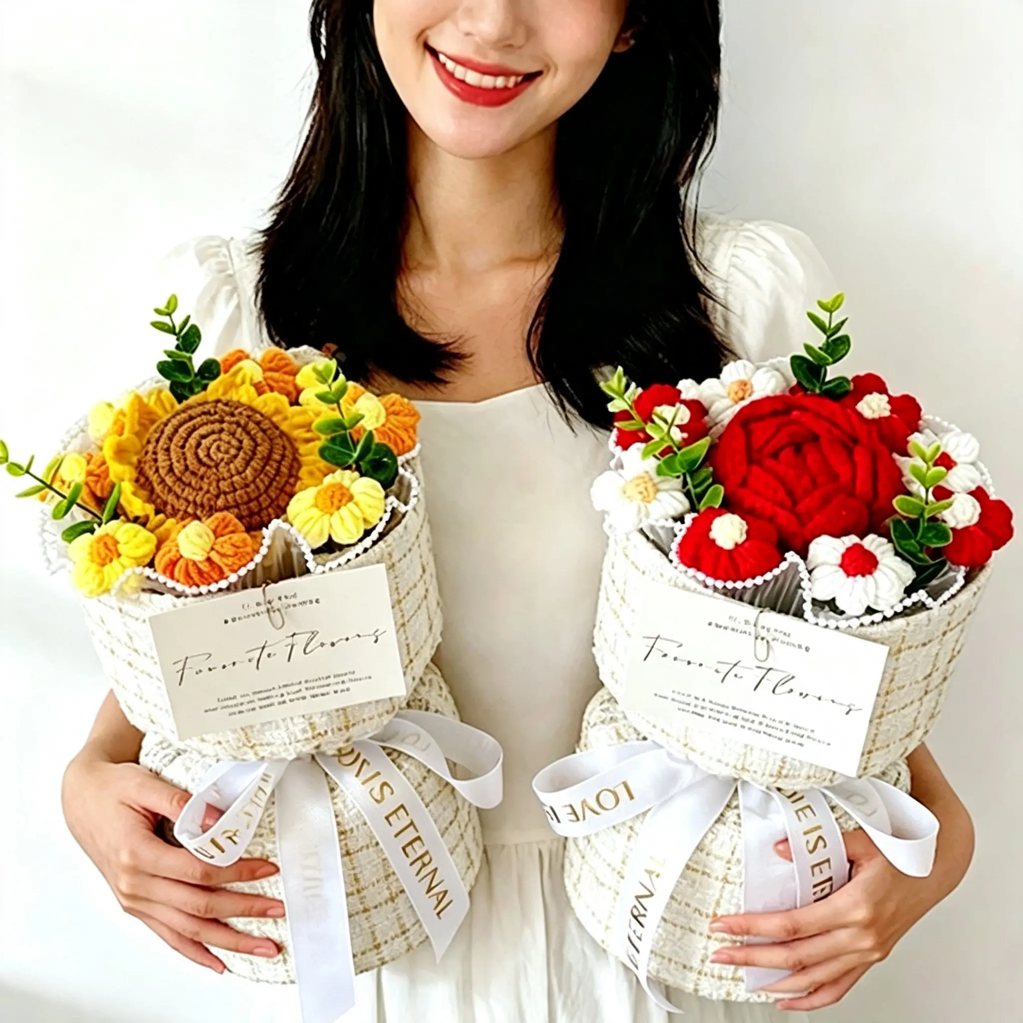 Crochet Flower Bouquet - Pink Rose, Multiple Colors, Knit Fabric, Luxury Tweed-Wrapped Artificial Decorative Ornaments with Box Packaging, Arrangement-Friendly, Ideal Gift for Mom & Friends, Home Decor